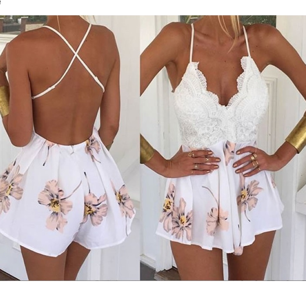 Satin Pantskirt Deep V Backless Floral Romper